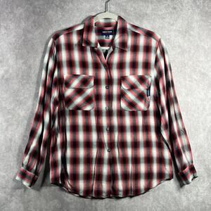Vintage Guess Jeans Shirt Men Medium Red Gray Plaid Button Up Long Sleeve Casual